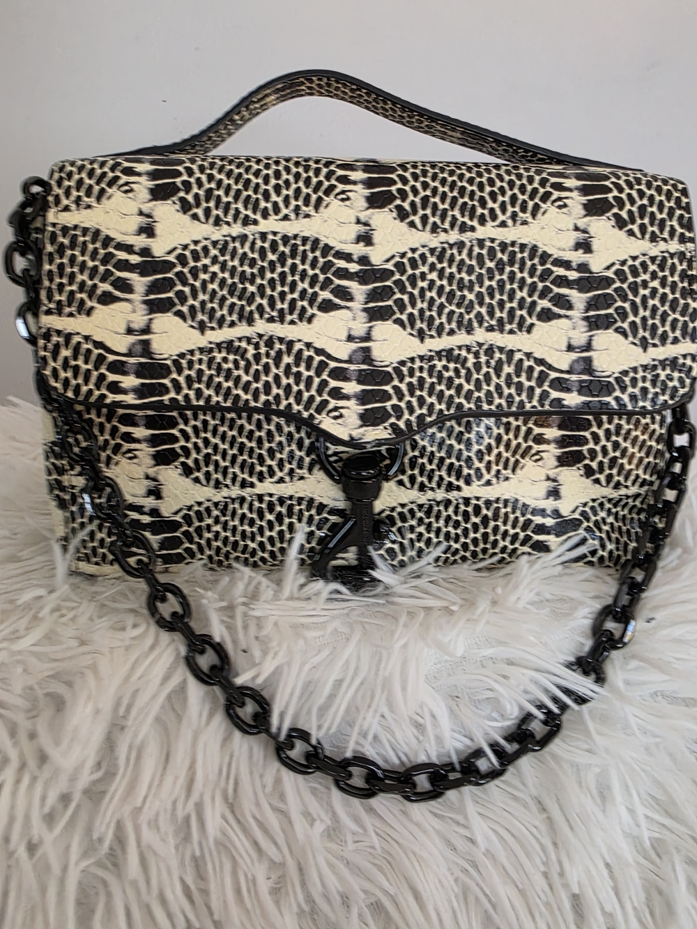 Rebecca Minkoff Black and Cream Python-Print Mini Shoulder Bag